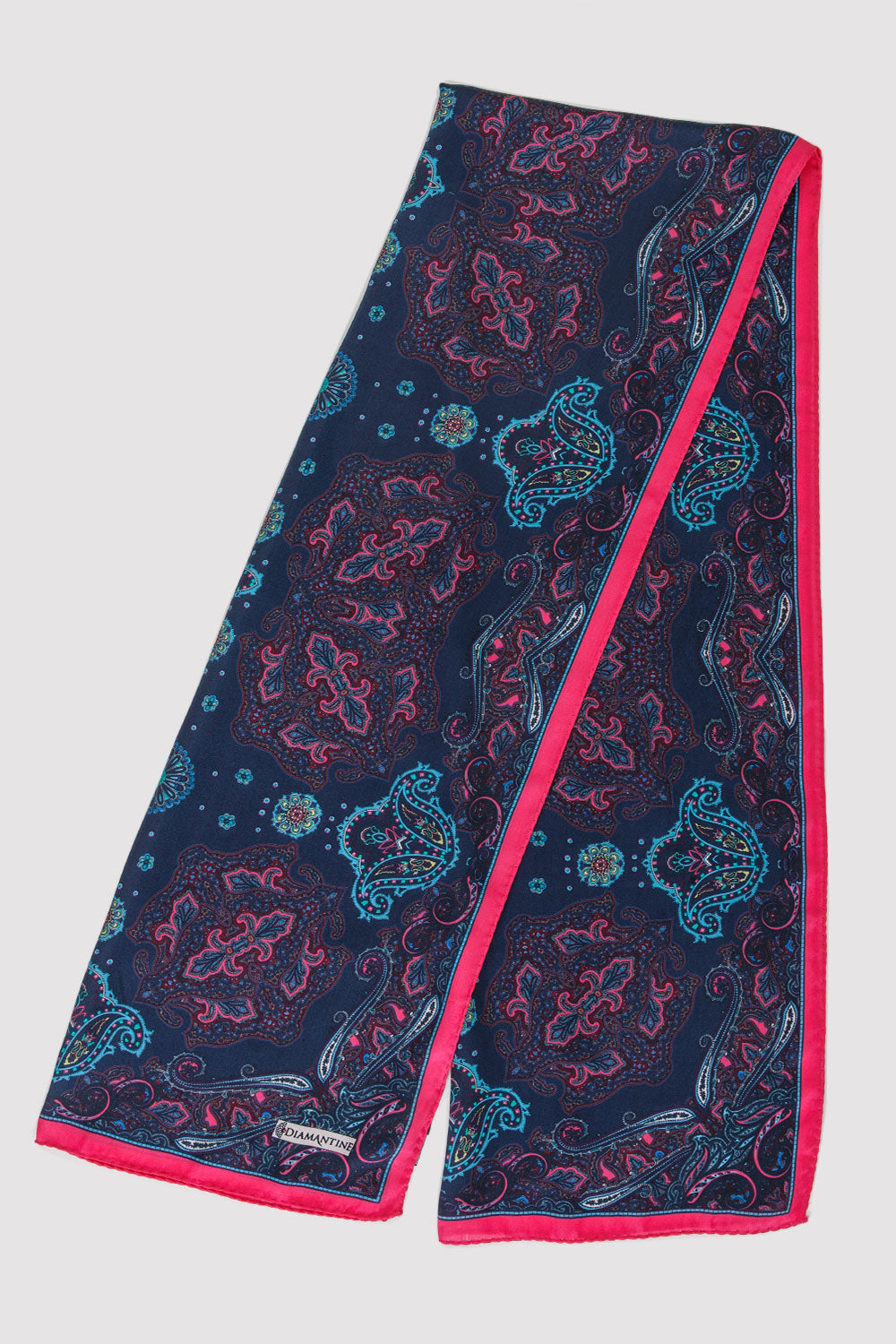Silk Satin Scarf in Navy & Pink Print