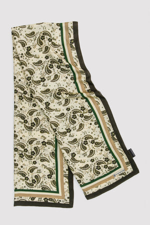 Silk Satin Scarf in Beige & Green Print