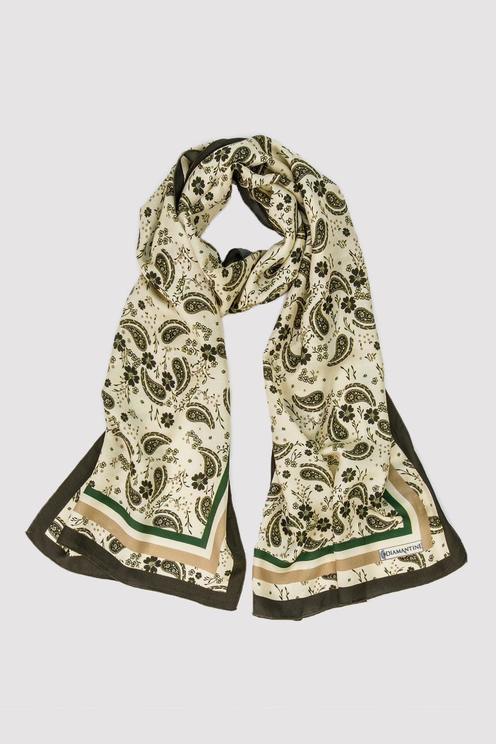 Silk Satin Scarf in Beige & Green Print