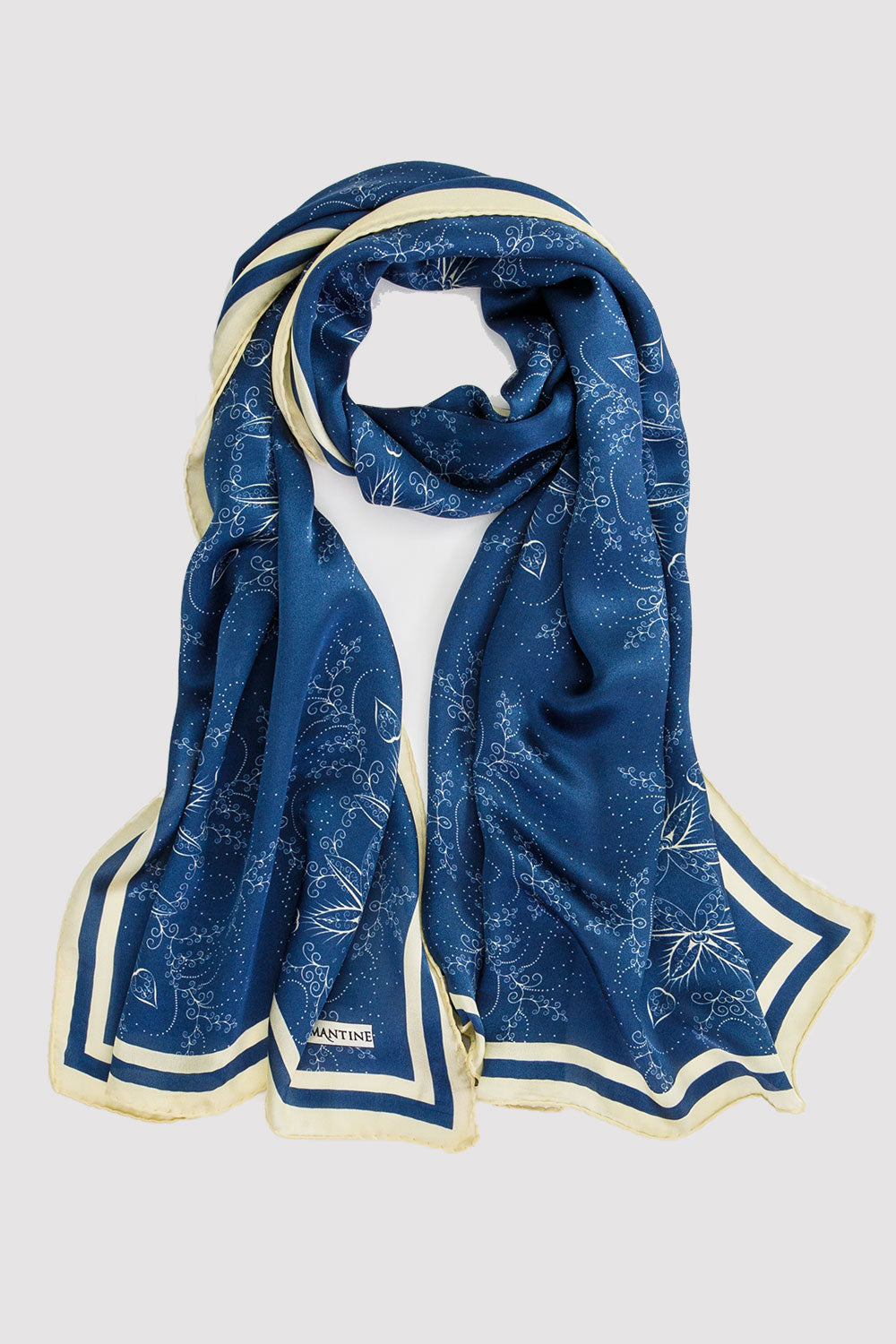 Silk Satin Scarf in Blue & Yellow Floral Print