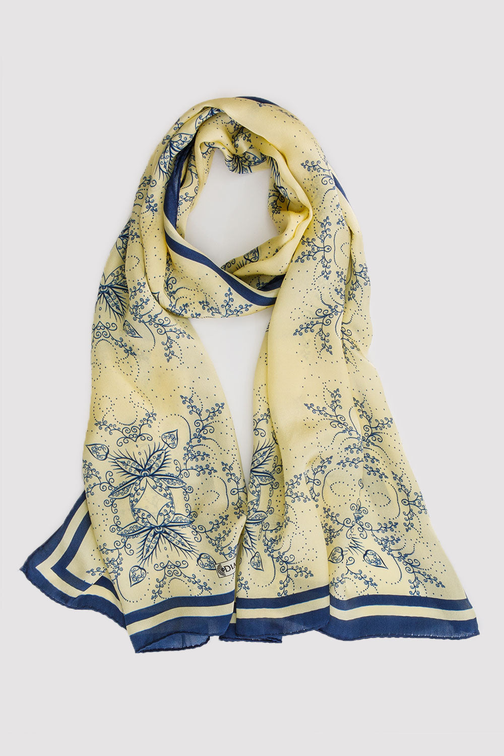 Silk Satin Scarf in Yellow & Blue Floral Print