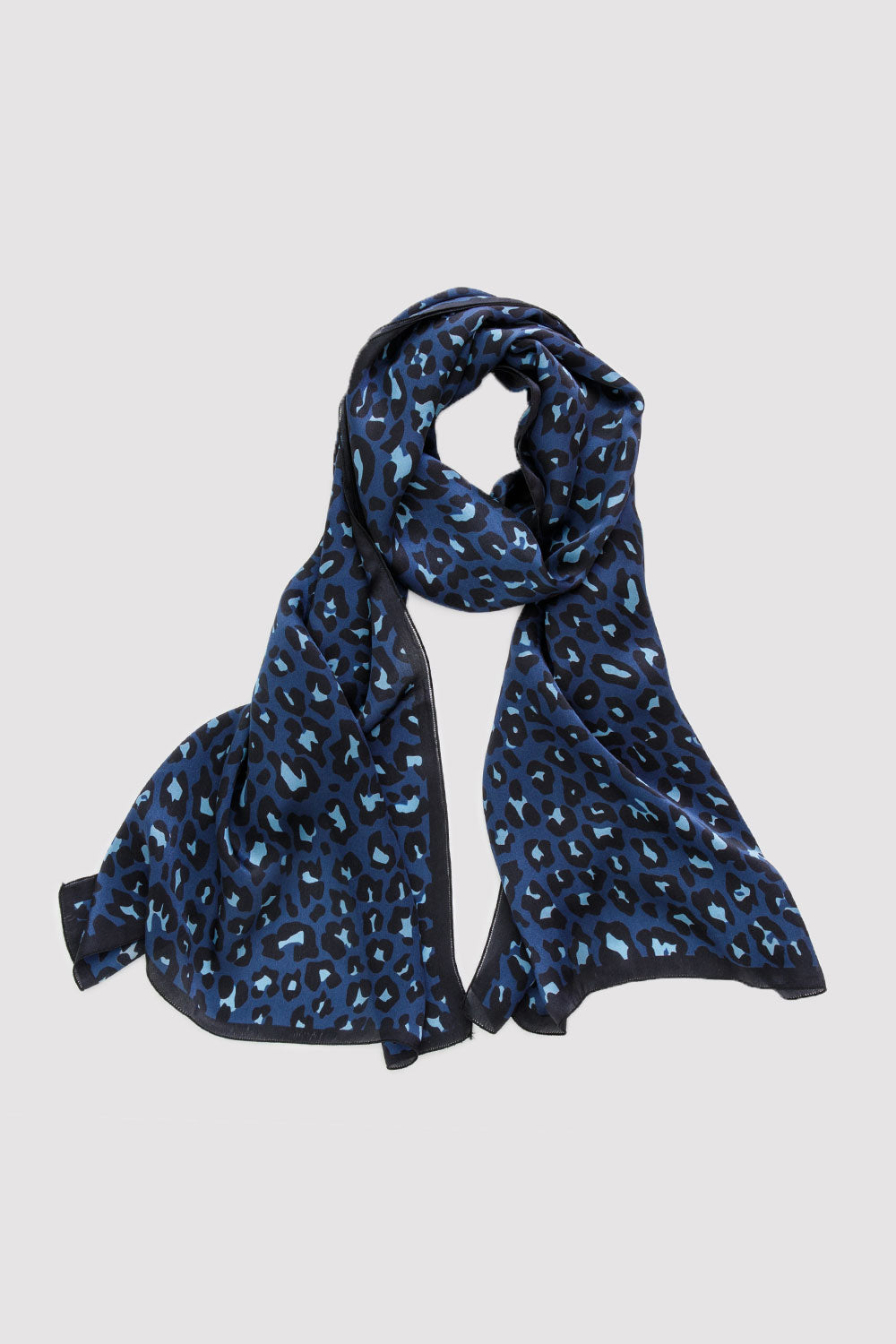 Silk Satin Scarf in Blue Leopard Print