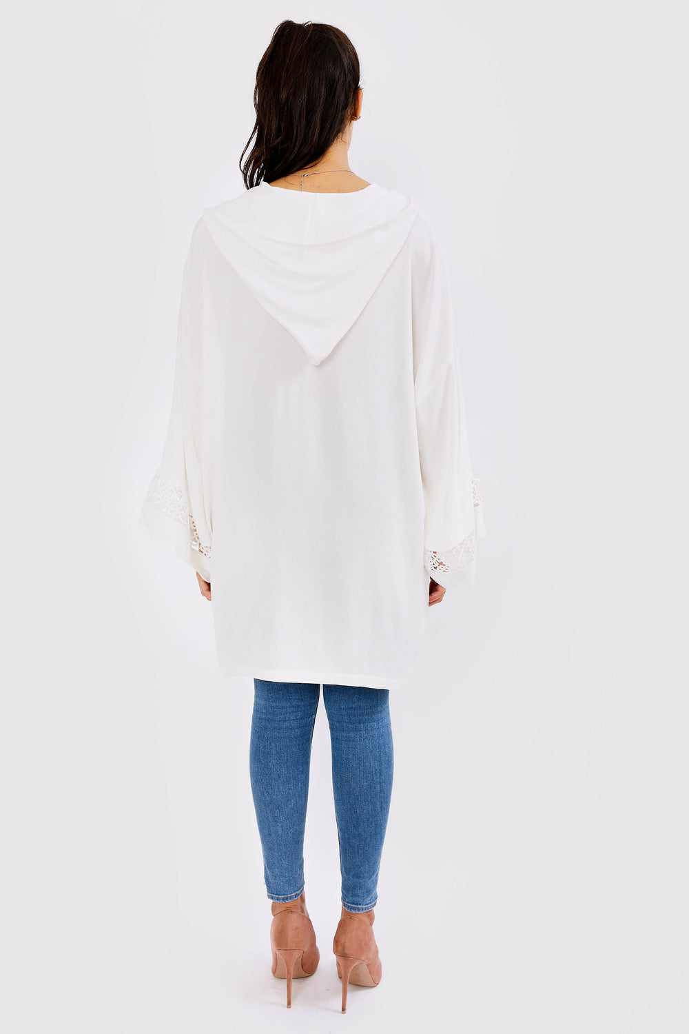 Simon Hooded Lace Sleeve Longline Top in White