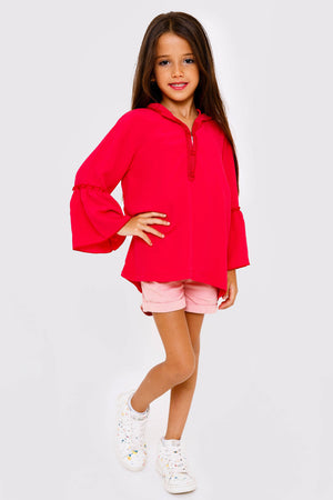 Yalin Girl's Hooded Fluted Sleeve Top in Raspberry