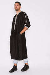 Gandoura Faiz Embroidered Collarless Short Sleeve Men's Cropped Robe Thobe in Black