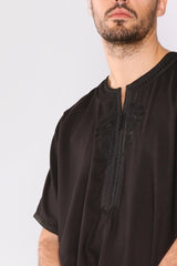Gandoura Badr Embroidered Short Sleeve Men's Long Robe Thobe in Black