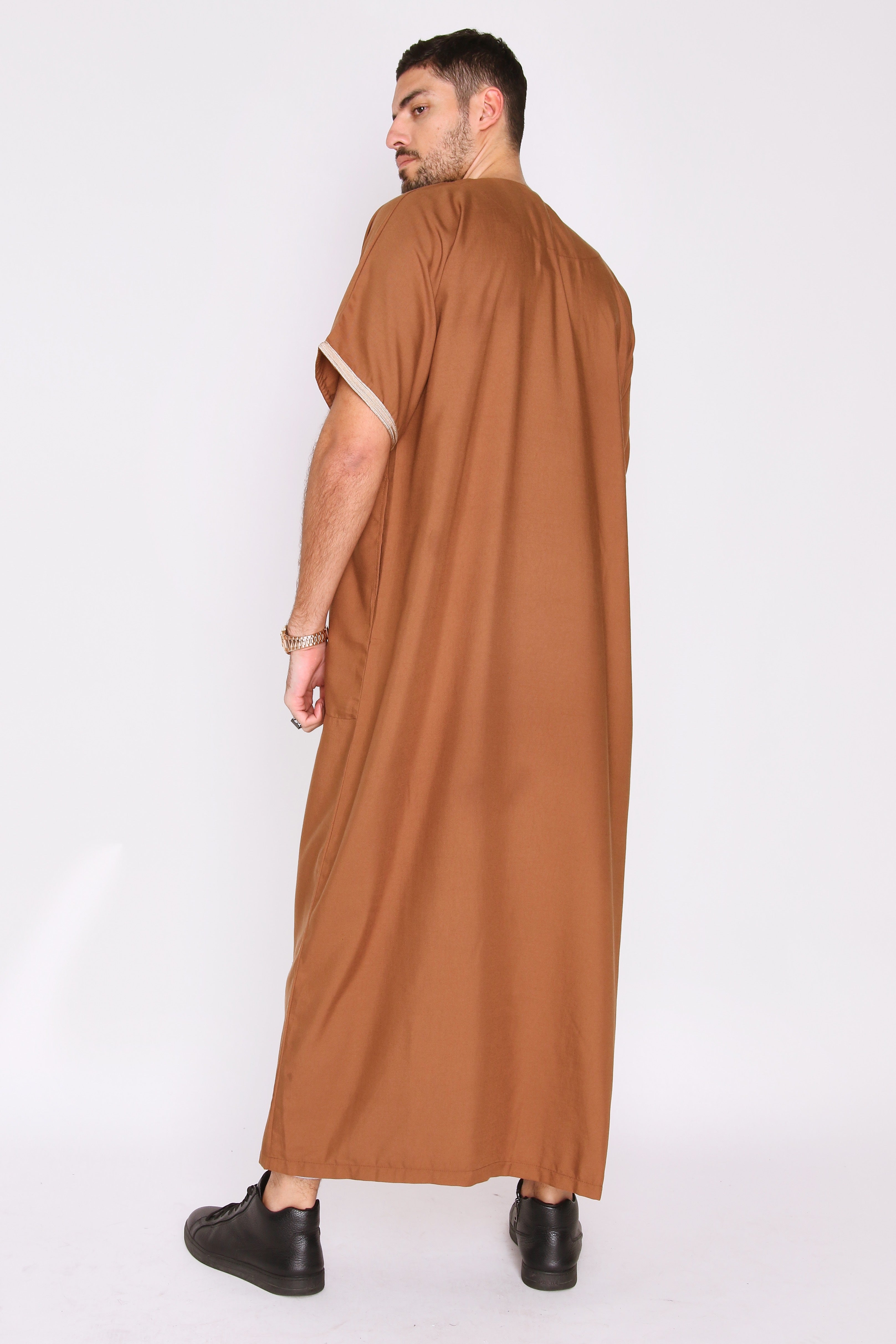 Gandoura Badr Embroidered Short Sleeve Men's Long Robe Thobe in Brown