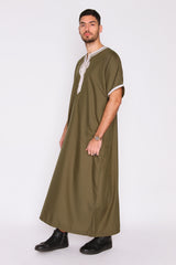 Gandoura Badr Embroidered Short Sleeve Men's Long Robe Thobe in Khaki