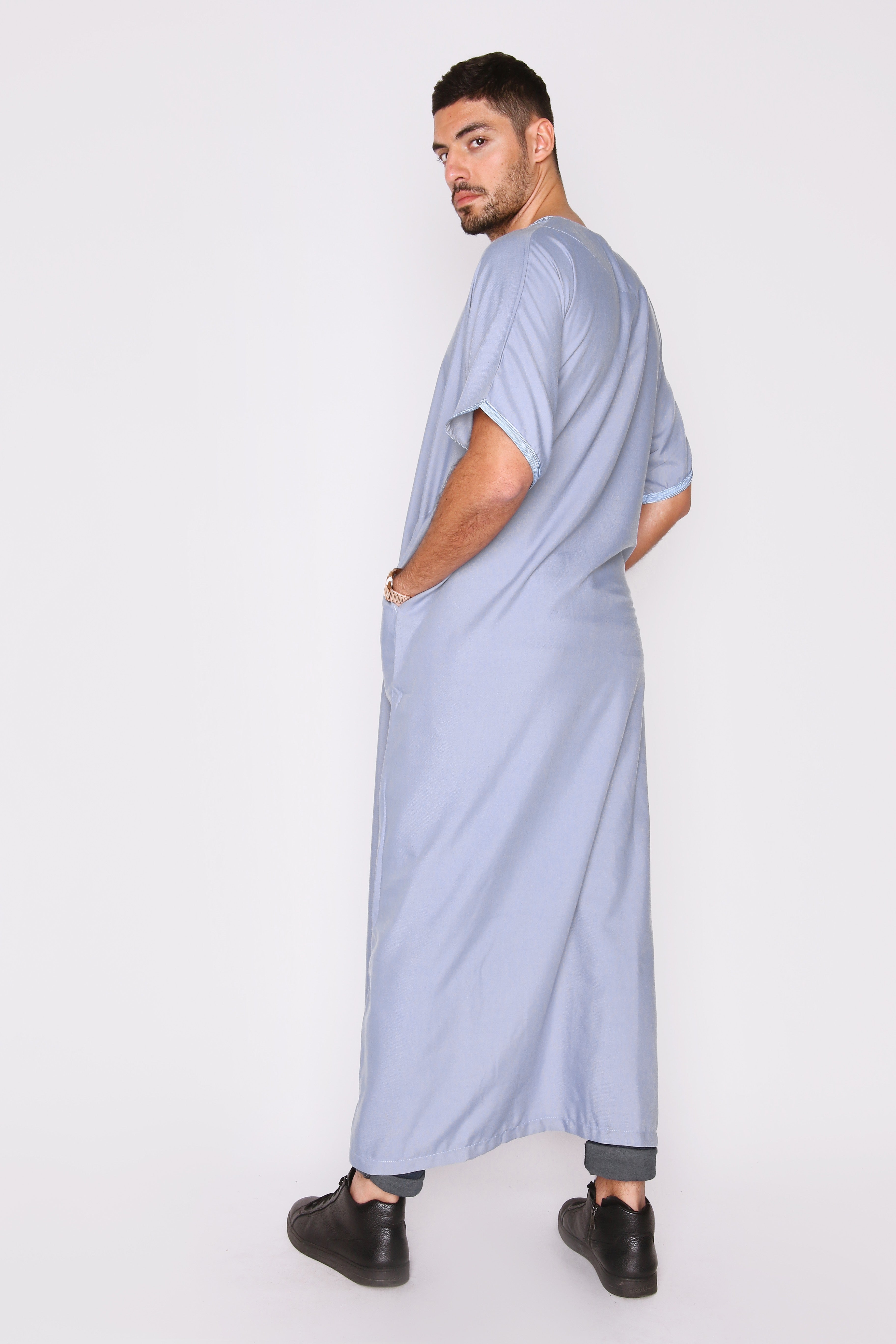 Gandoura Badr Embroidered Short Sleeve Men's Long Robe Thobe in Blue