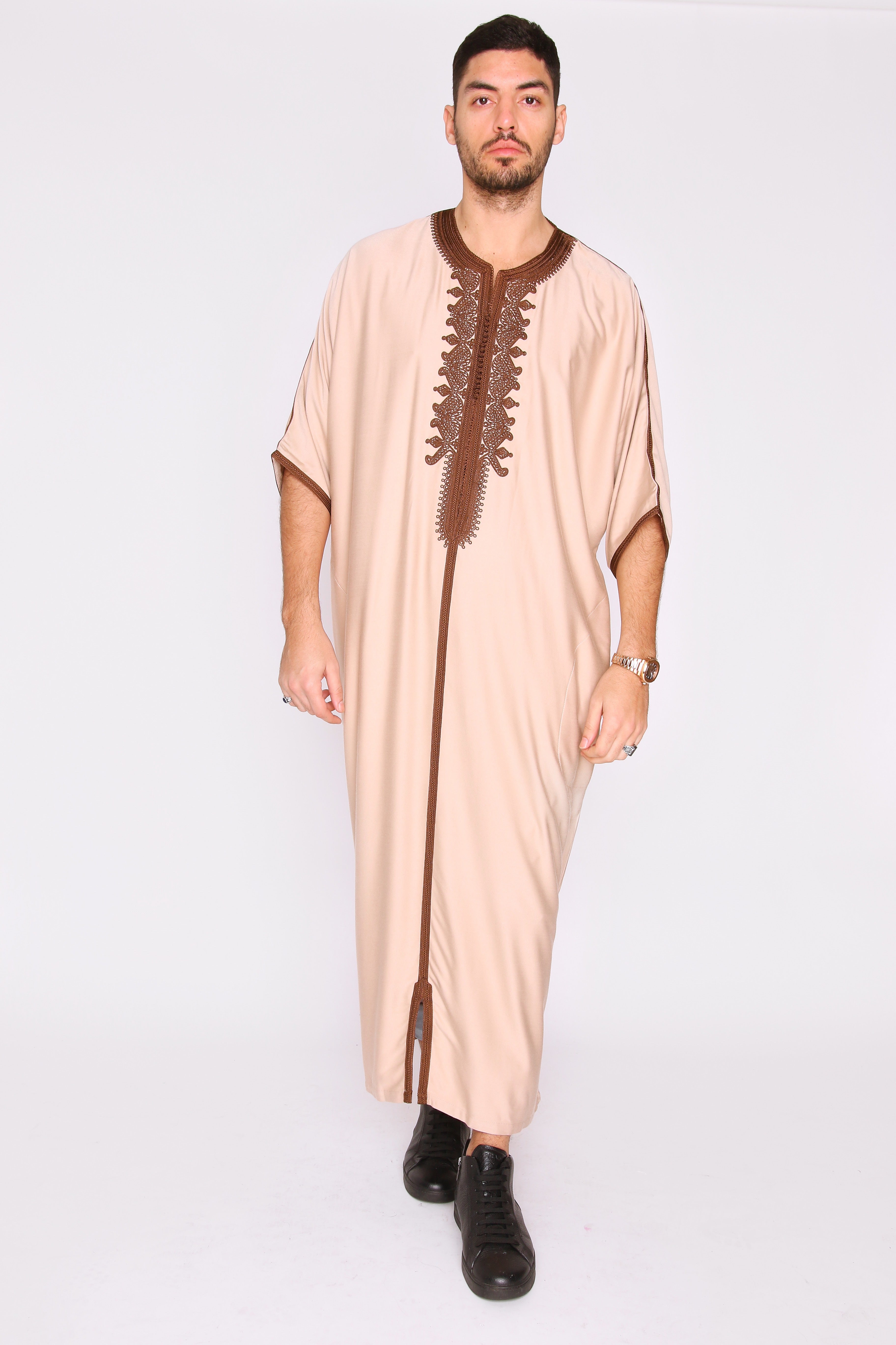 Gandoura Hamza Embroidered Short Sleeve Men's Long Robe Thobe in Beige