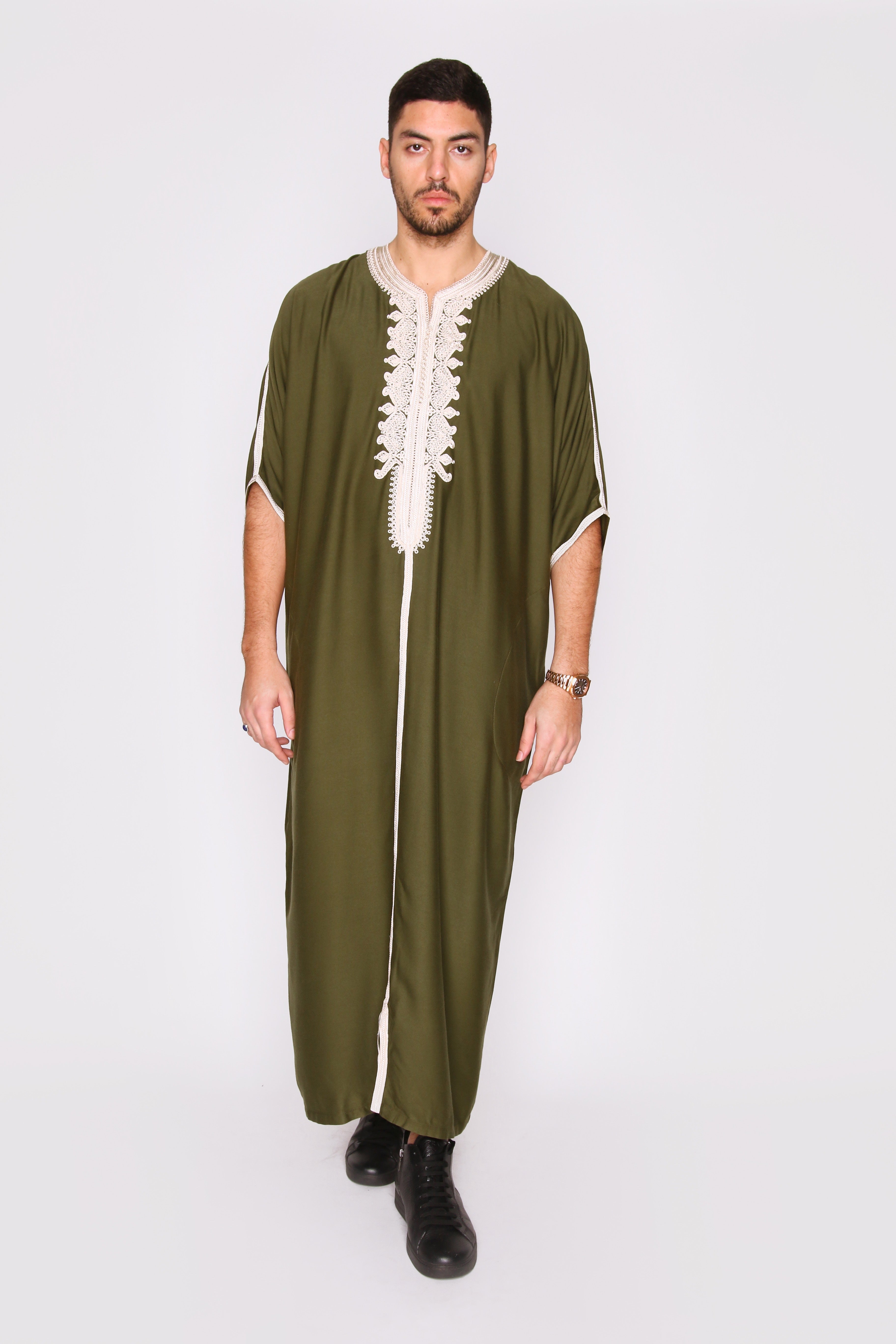 Gandoura Hamza Embroidered Short Sleeve Men's Long Robe Thobe in Khaki