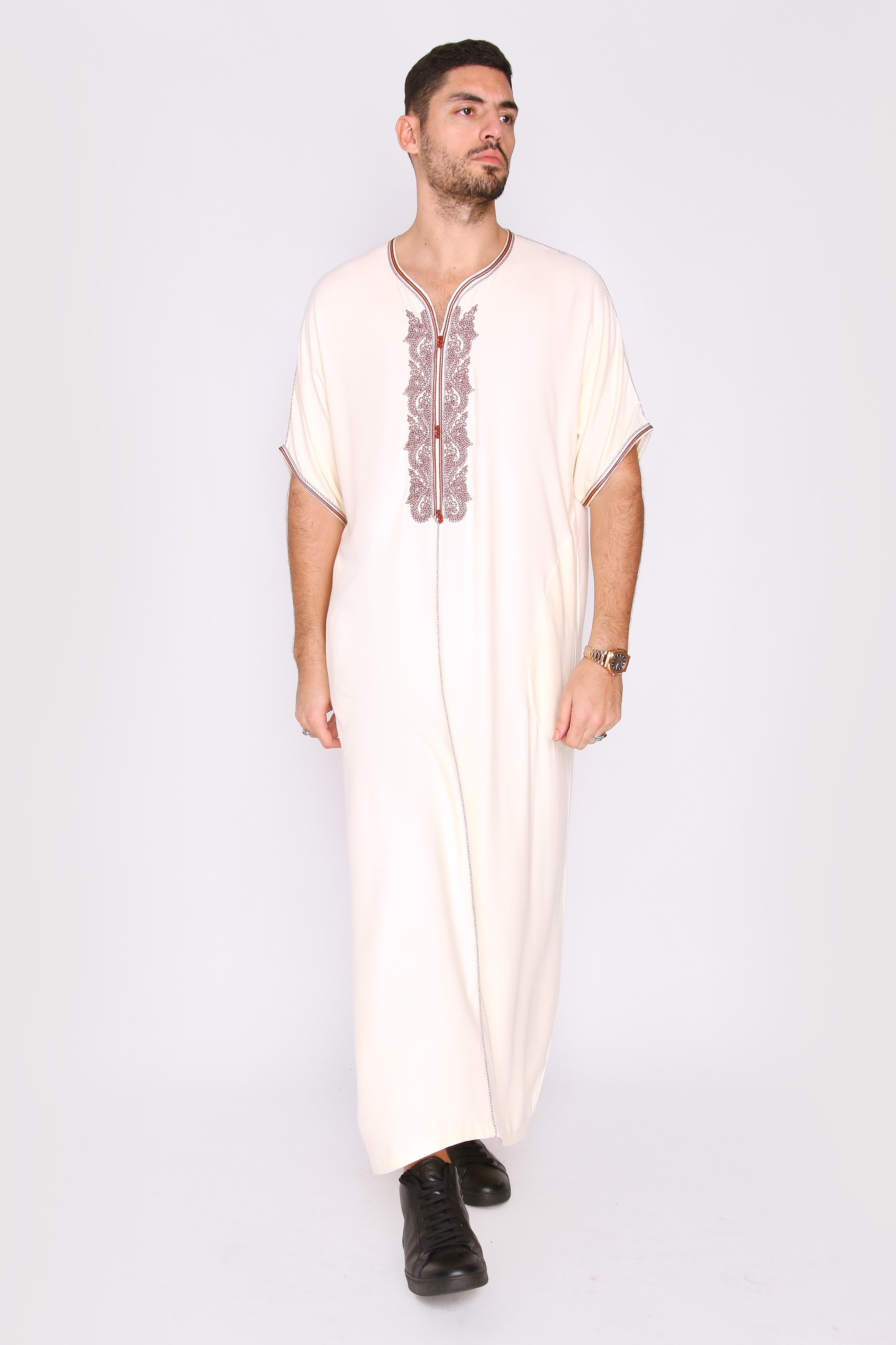 Gandoura Anwar Men's Long Robe Short Sleeve Casual Thobe in White