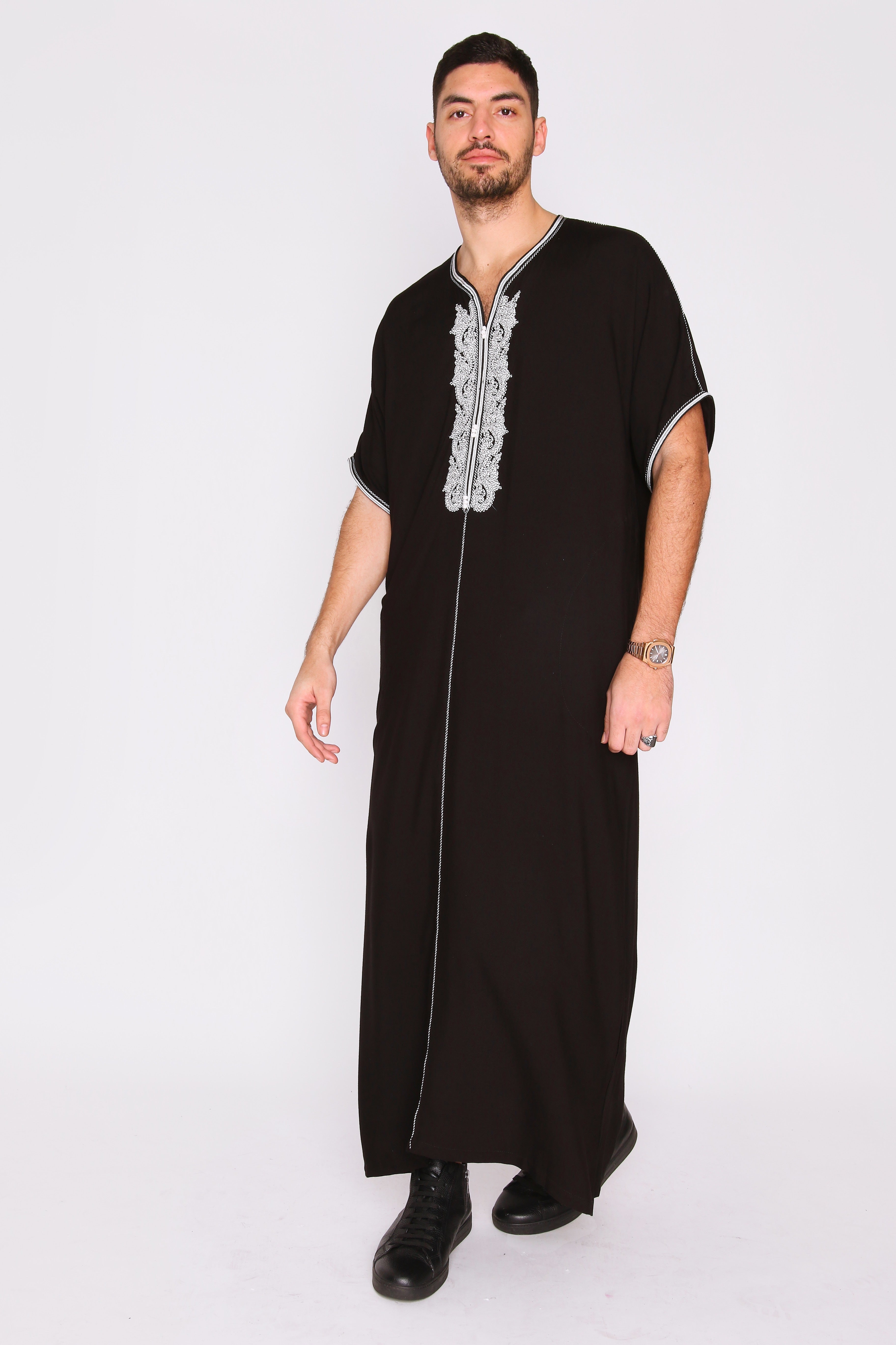 Gandoura Anwar Men's Long Robe Short Sleeve Casual Thobe in Black
