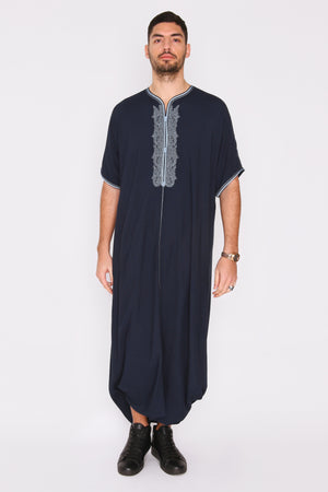 Gandoura Anwar Men's Long Robe Short Sleeve Casual Thobe in Dark Blue