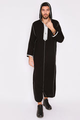 Djellaba Wael Men's Long Sleeve Full-Length Embroidered Hooded Robe Thobe in Black