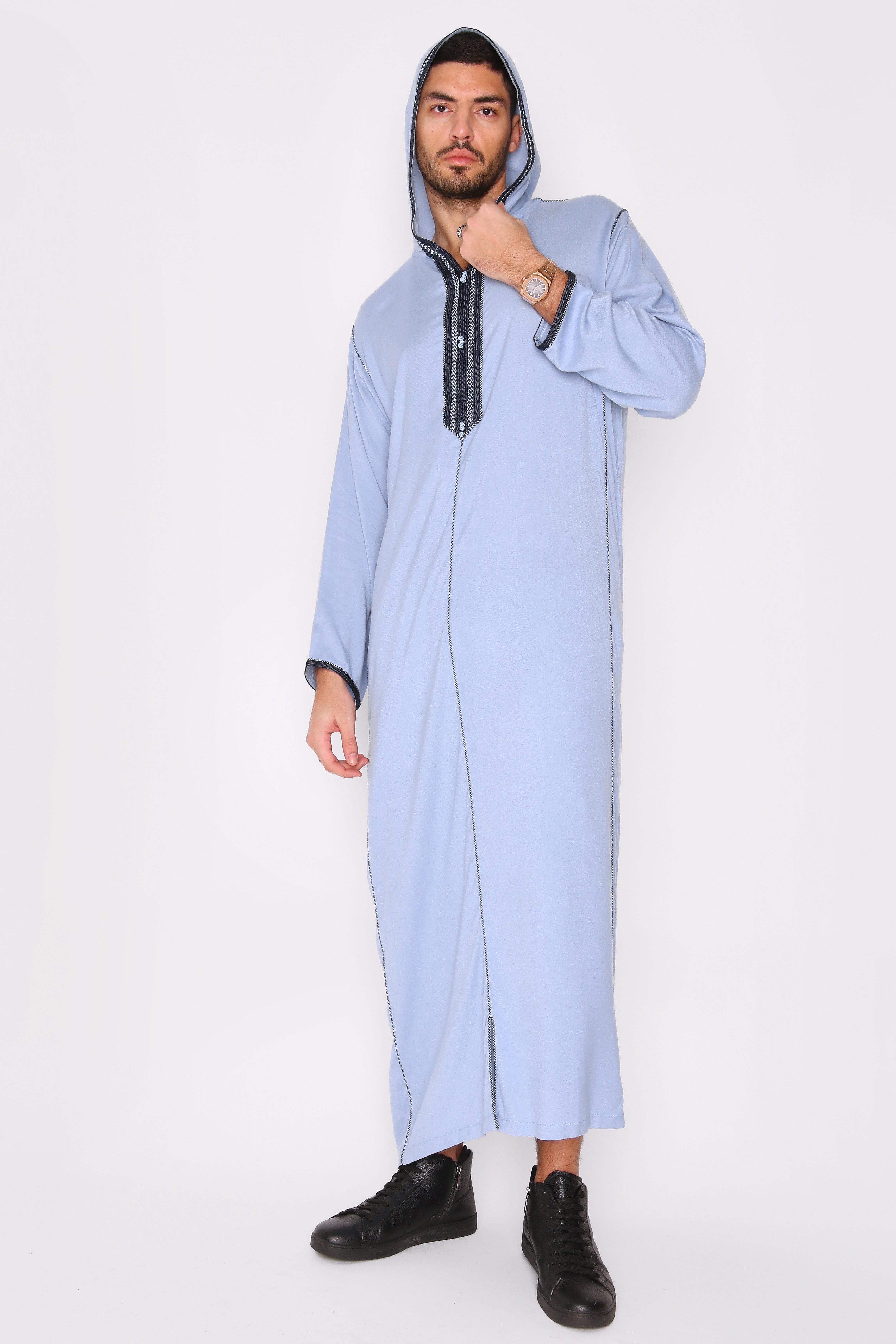 Djellaba Wael Men's Long Sleeve Full-Length Embroidered Hooded Robe Thobe in Blue