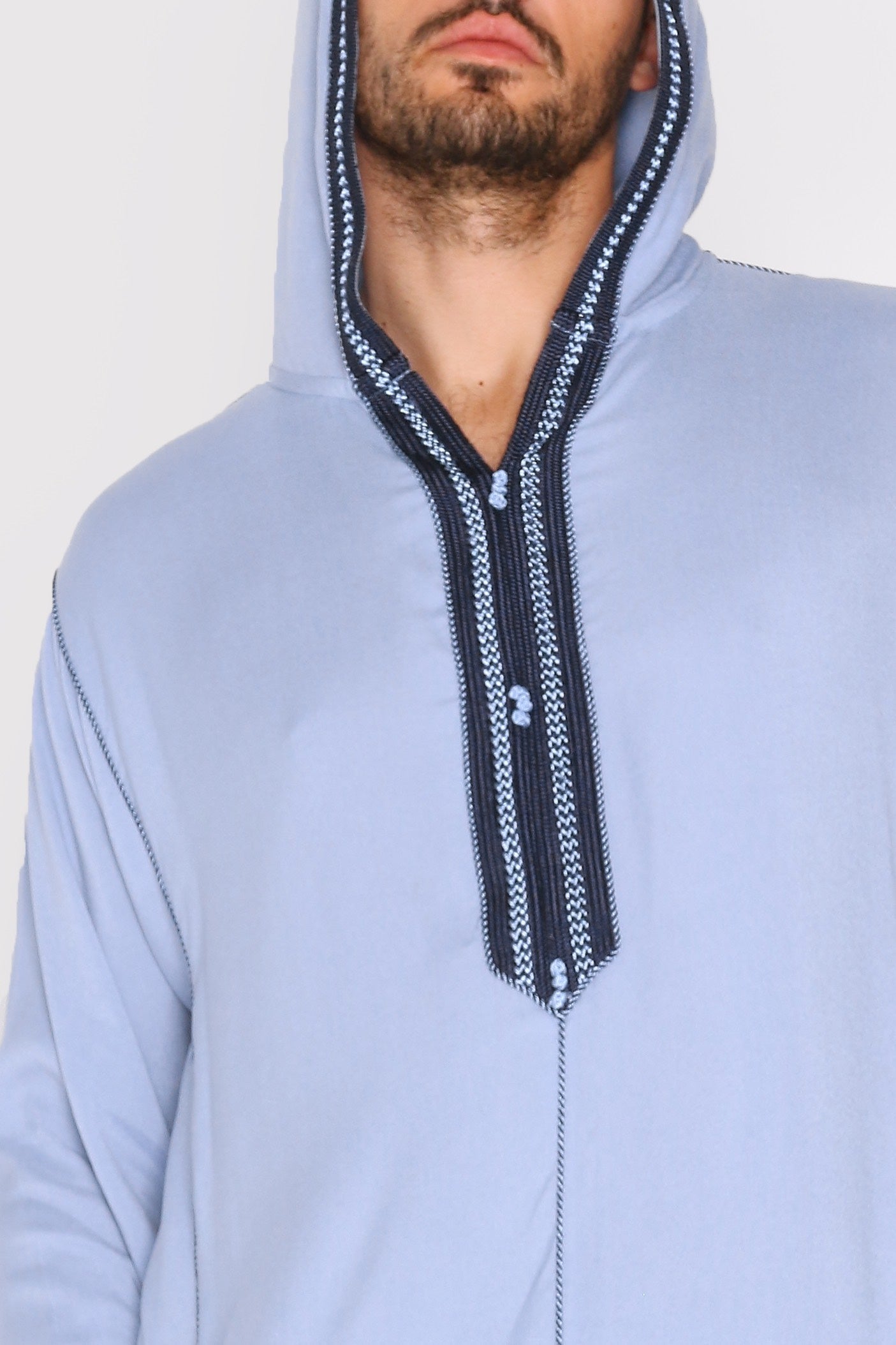 Djellaba Wael Men's Long Sleeve Full-Length Embroidered Hooded Robe Thobe in Blue