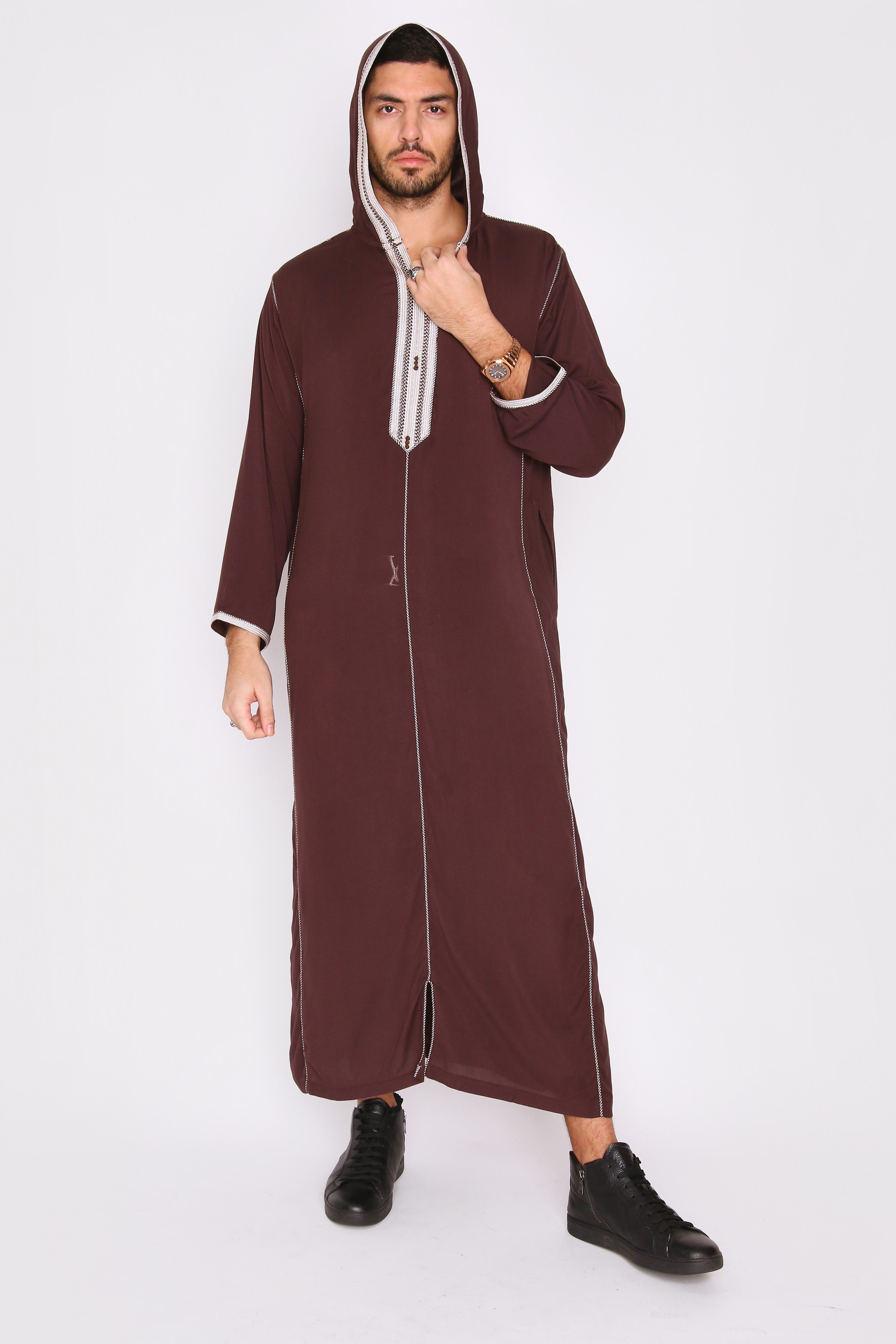 Djellaba Wael Men's Long Sleeve Full-Length Embroidered Hooded Robe Thobe in Brown