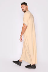 Gandoura Hassan Men's Short Sleeve Full-length Embroidered Robe Casual Thobe in Beige