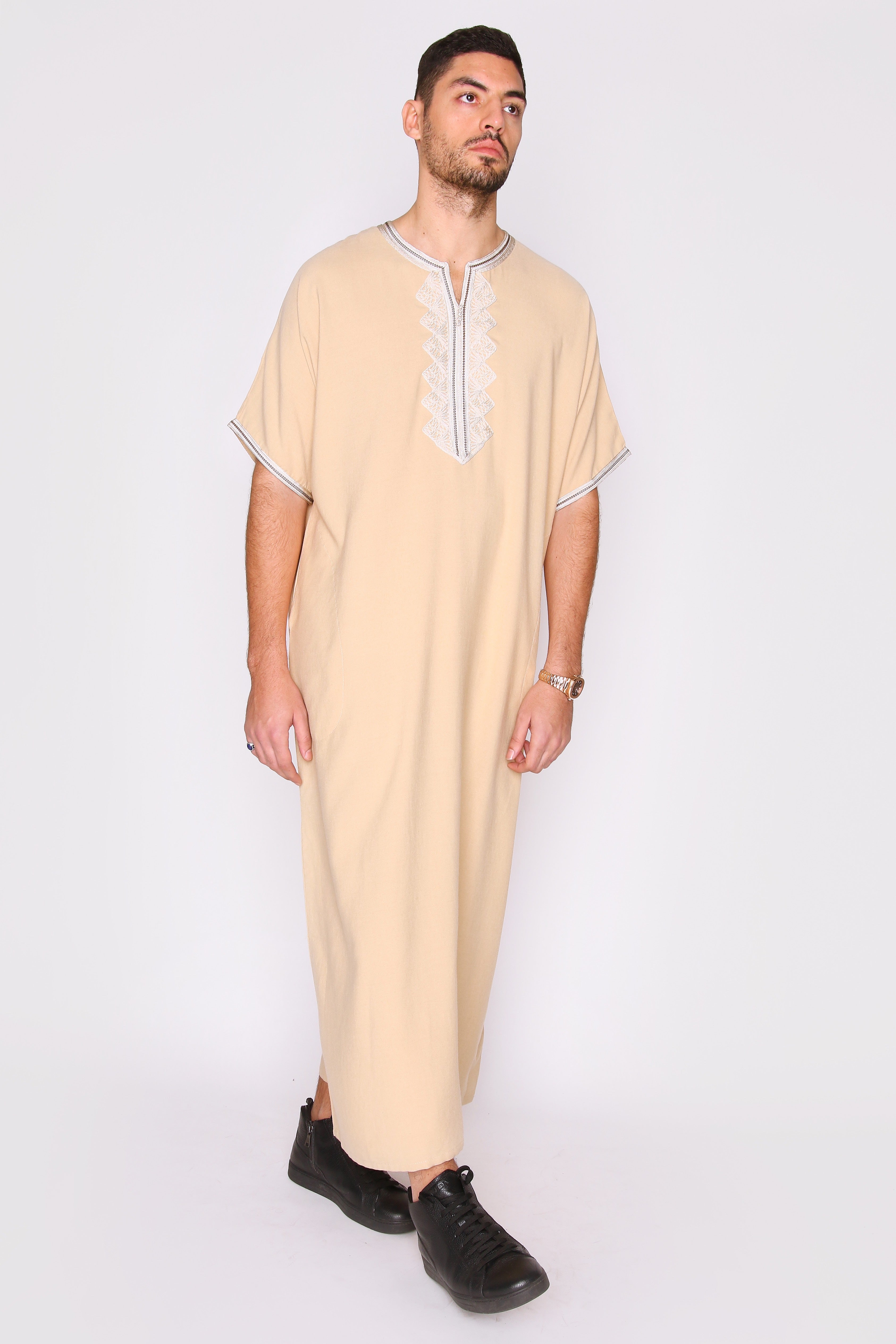 Gandoura Hassan Men's Short Sleeve Full-length Embroidered Robe Casual Thobe in Beige