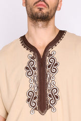 Gandoura Haitham Men's Short Sleeve Full-Length Embroidered Robe Casual Thobe in Beige