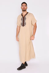 Gandoura Haitham Men's Short Sleeve Full-Length Embroidered Robe Casual Thobe in Beige