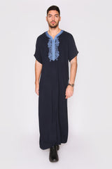 Gandoura Haitham Men's Short Sleeve Full-Length Embroidered Robe Casual Thobe in Black