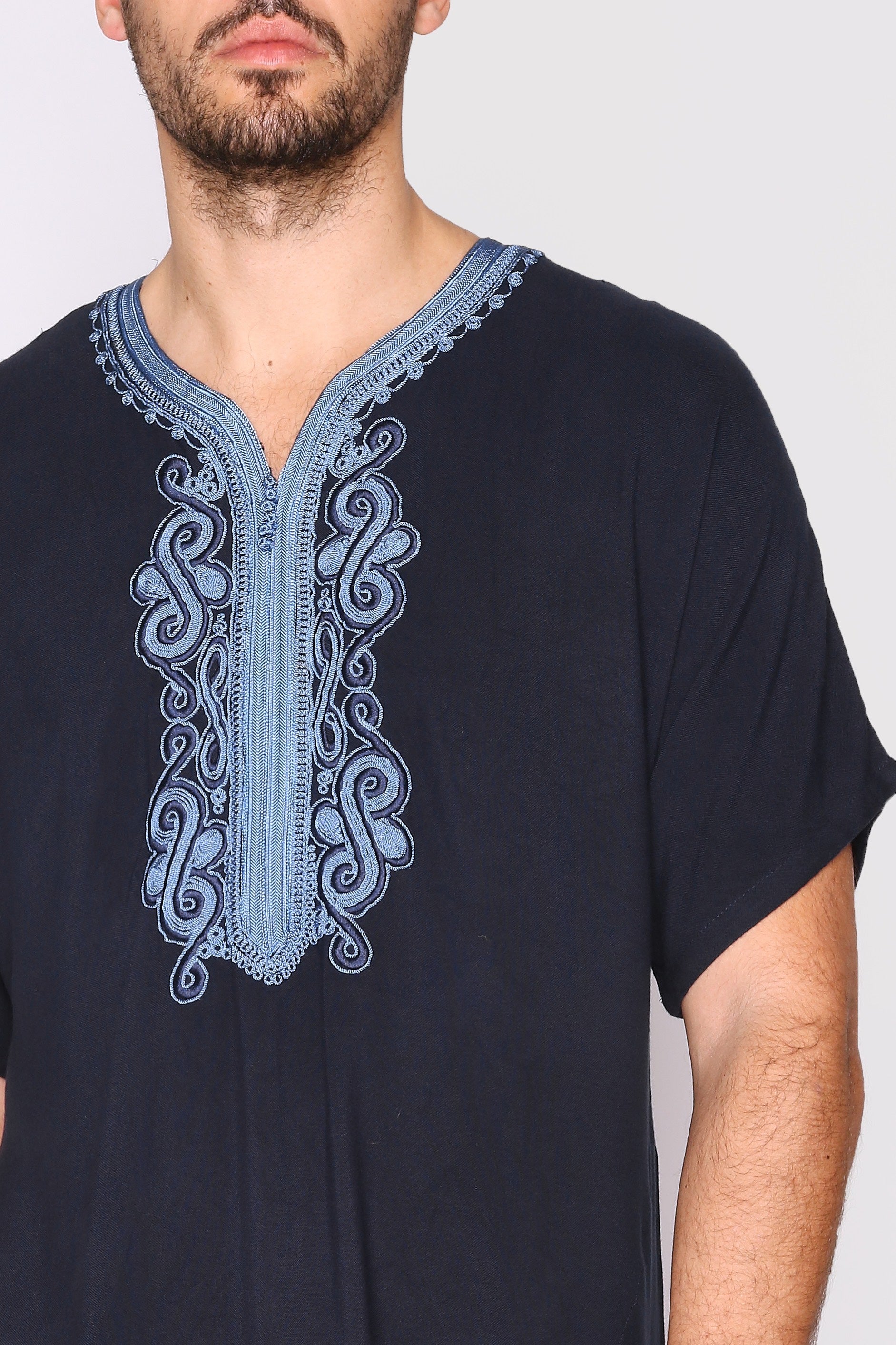 Gandoura Haitham Men's Short Sleeve Full-Length Embroidered Robe Casual Thobe in Black