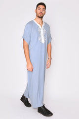 Gandoura Haitham Men's Short Sleeve Full-Length Embroidered Robe Casual Thobe in Grey