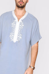 Gandoura Haitham Men's Short Sleeve Full-Length Embroidered Robe Casual Thobe in Grey