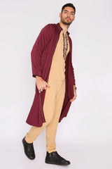Jabador Assem Men's Tunic Top Longline Jacket and Trousers Embroidered Co-Ord Set in Burgundy