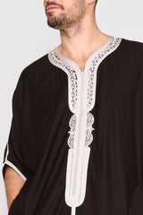 Gandoura Imrane Men's Short Sleeve Contrast Embroidery Full-Length Robe Casual Thobe in Black