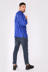Valadolid Men's Cropped Sleeve Hooded Top in Striped Royal Blue