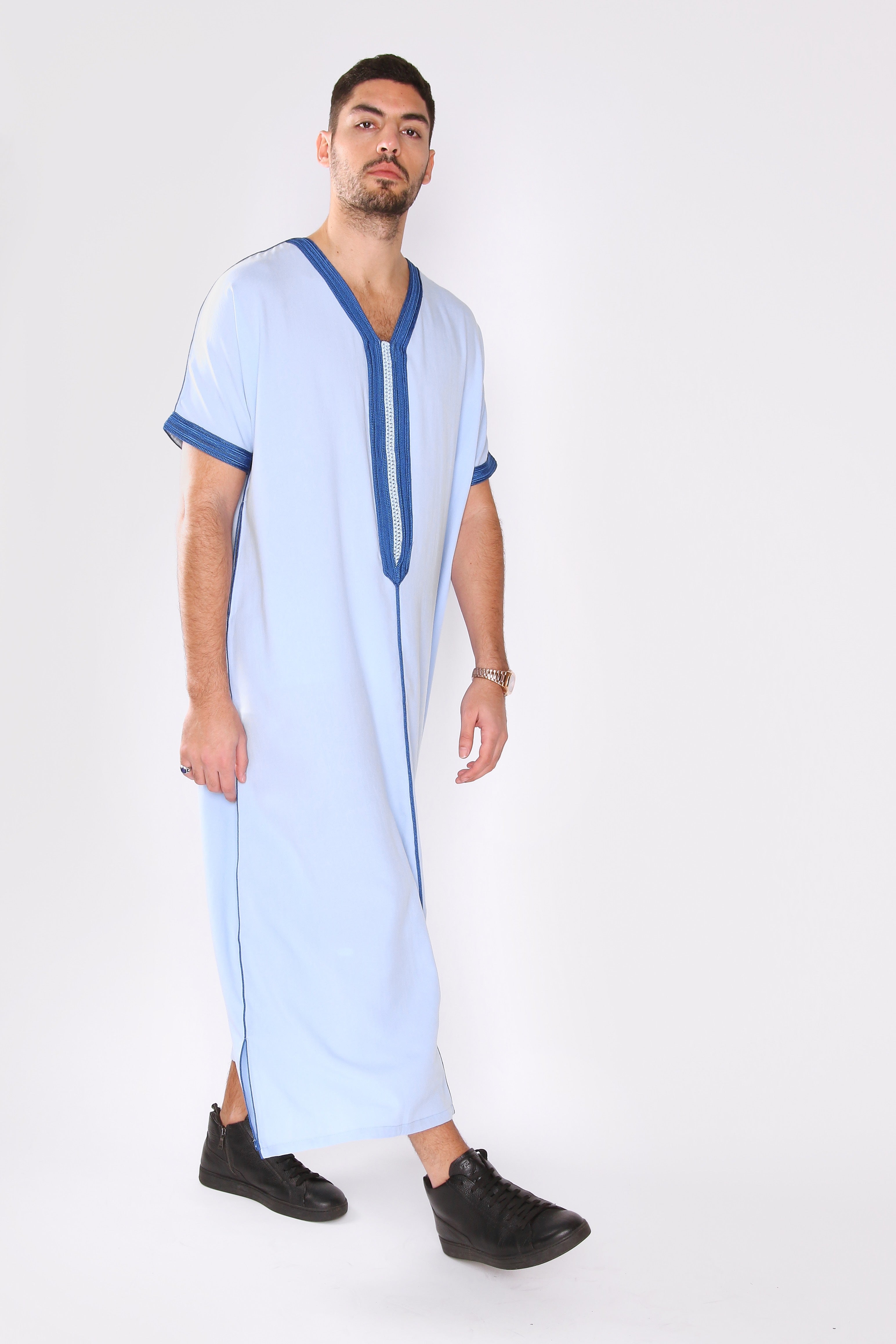 Gandoura Dolphy Men's Robe Short Sleeve Long V-Neck Thobe in Blue