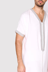 Gandoura Dolphy Men's Short Sleeve V-Neck Robe Thobe in White