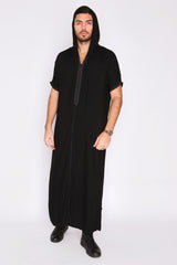 Gandoura Vanity Men's Hooded Robe Casual Short Sleeve Thobe in Black