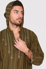 Djellaba Kadir Men's Hooded Cropped Length Long Sleeve Robe Thobe in Stripe Brown