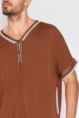 Gandoura Sevilla Men's Short Sleeve Full-Length Pocket Robe Thobe in Brown