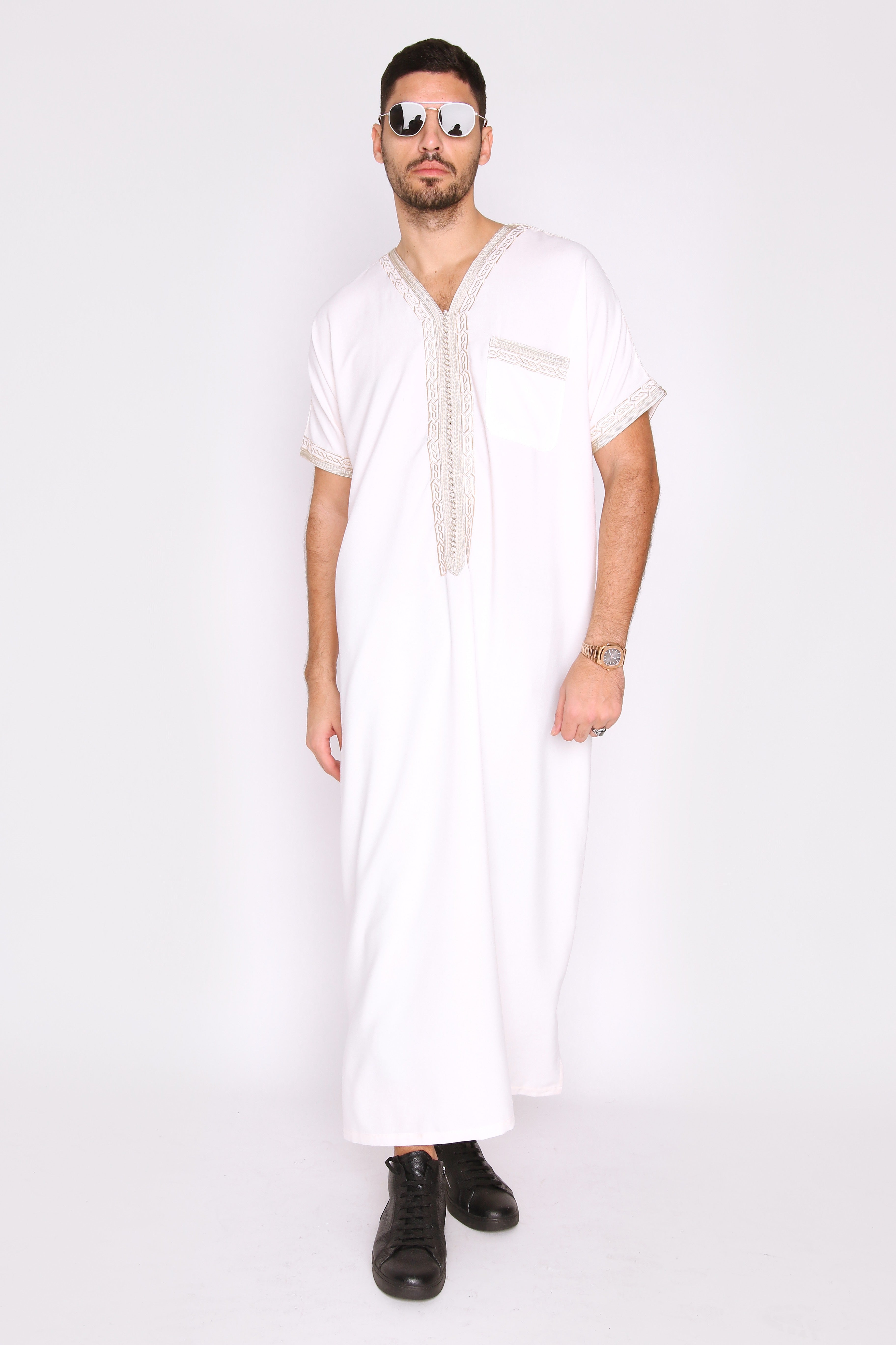 Gandoura Natura Men's Short Sleeve Long Robe Thobe in White
