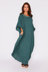 Kaftan Nasma Embroidered Round Neck Long Batwing Sleeve Dress in Green