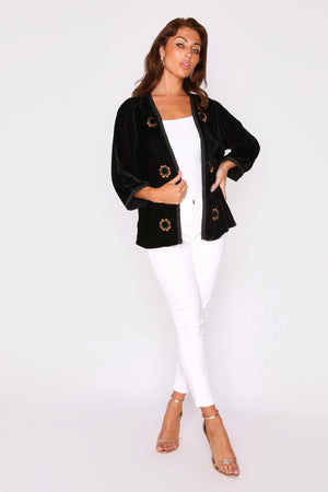 Roumaisa Velour Cropped Sleeve Longline Embroidered Jacket in Black