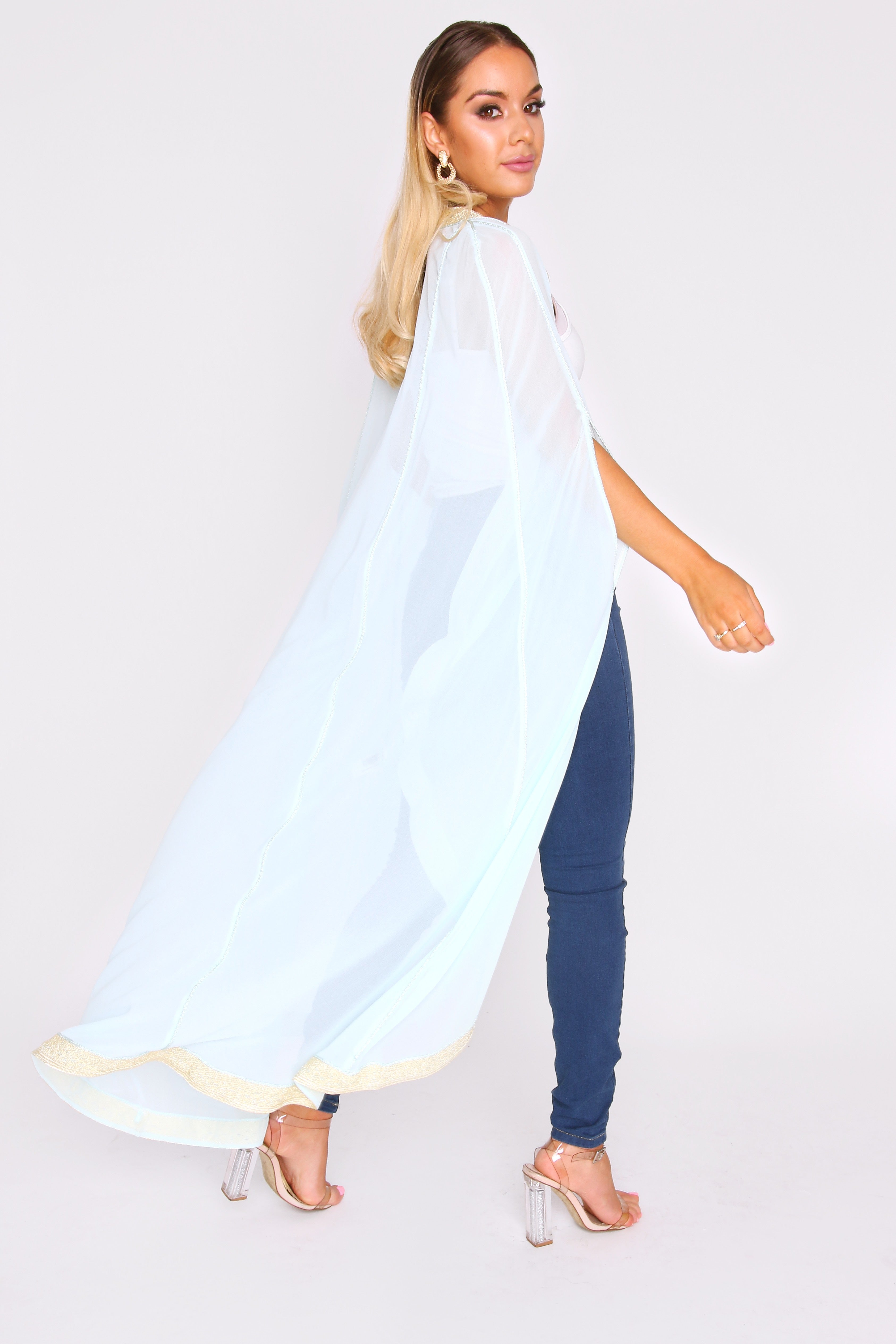 Amalthe Contrast Trim Lightweight Chiffon Sheer Cape Duster Jacket in Blue