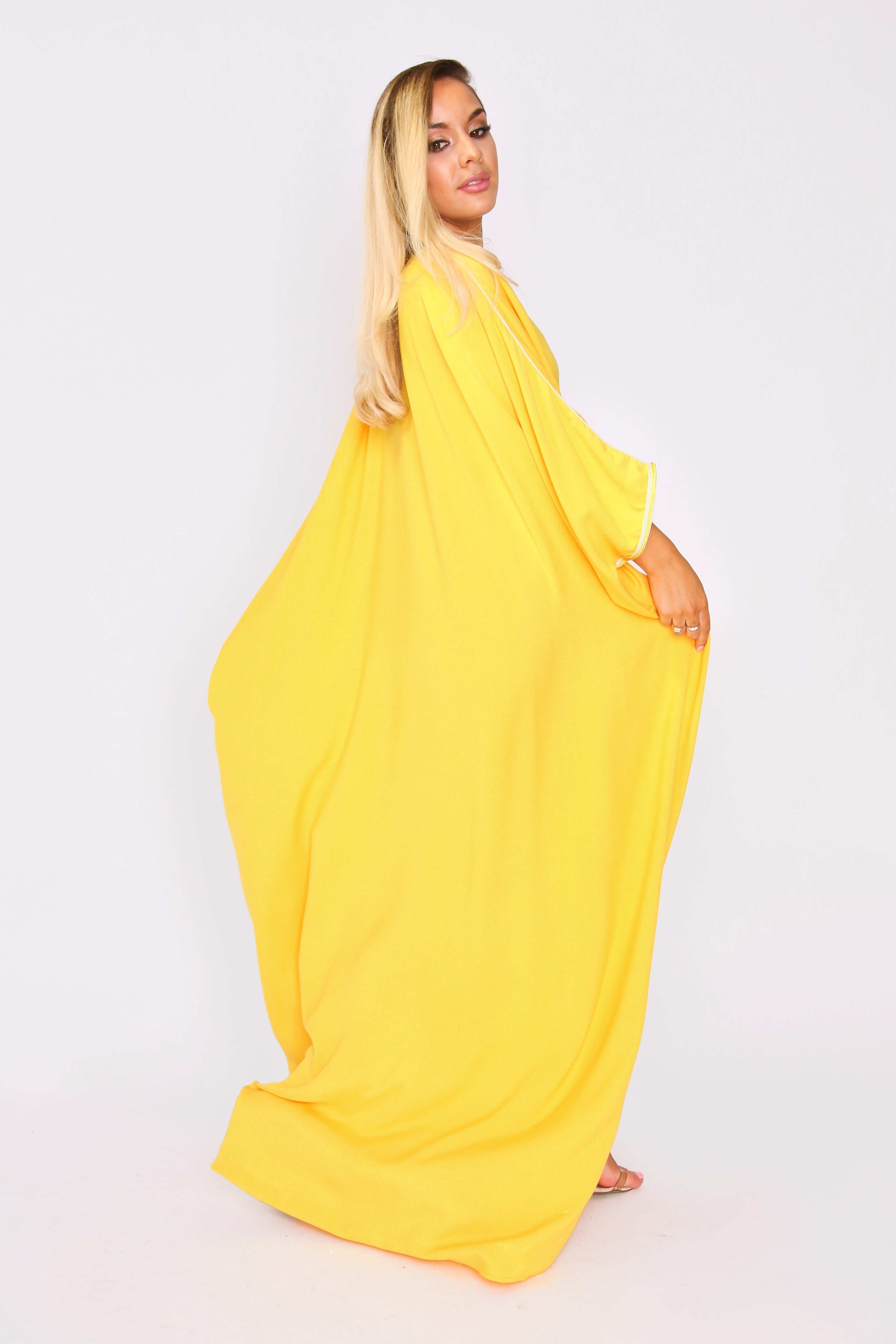 Kaftan Appoline Oversized V-Neck Long Sleeve Full-Length Long Maxi Dress in Yellow