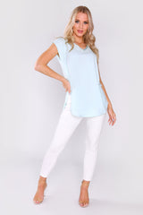 Daphine Contrast Trim Embroidered Casual Short Sleeve Top in Blue
