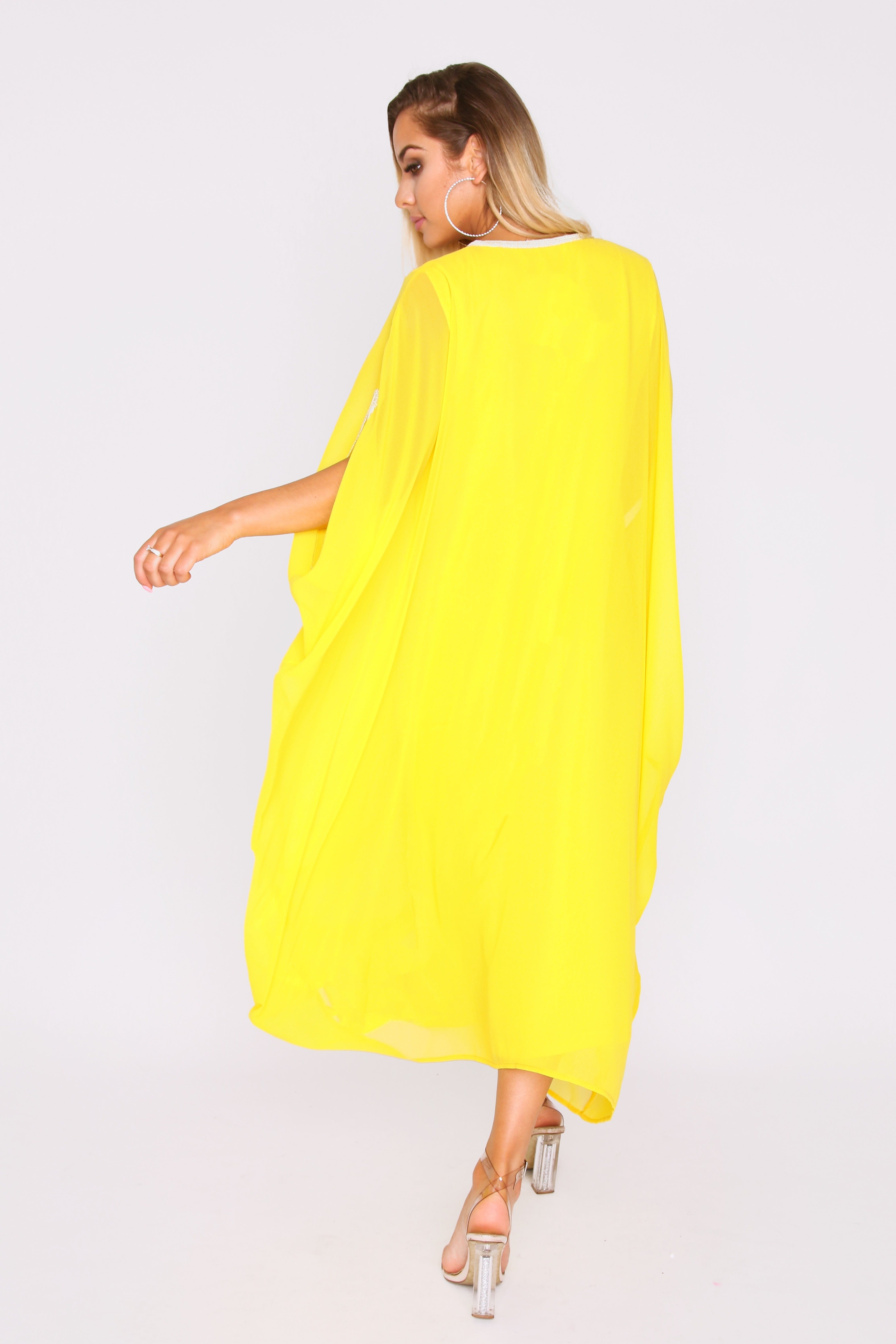 Kaftan Cassandra Short Sheer Sleeve Midi Knee-Length Dress in Yellow