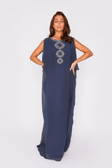 Kaftan Antoinette Embroidered Sleeveless Full-Length Split Sleeve Maxi Dress in Marine