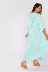 Kaftan Ludmila Cropped Sleeve Hooded Crystal Maxi Dress in Sea Green