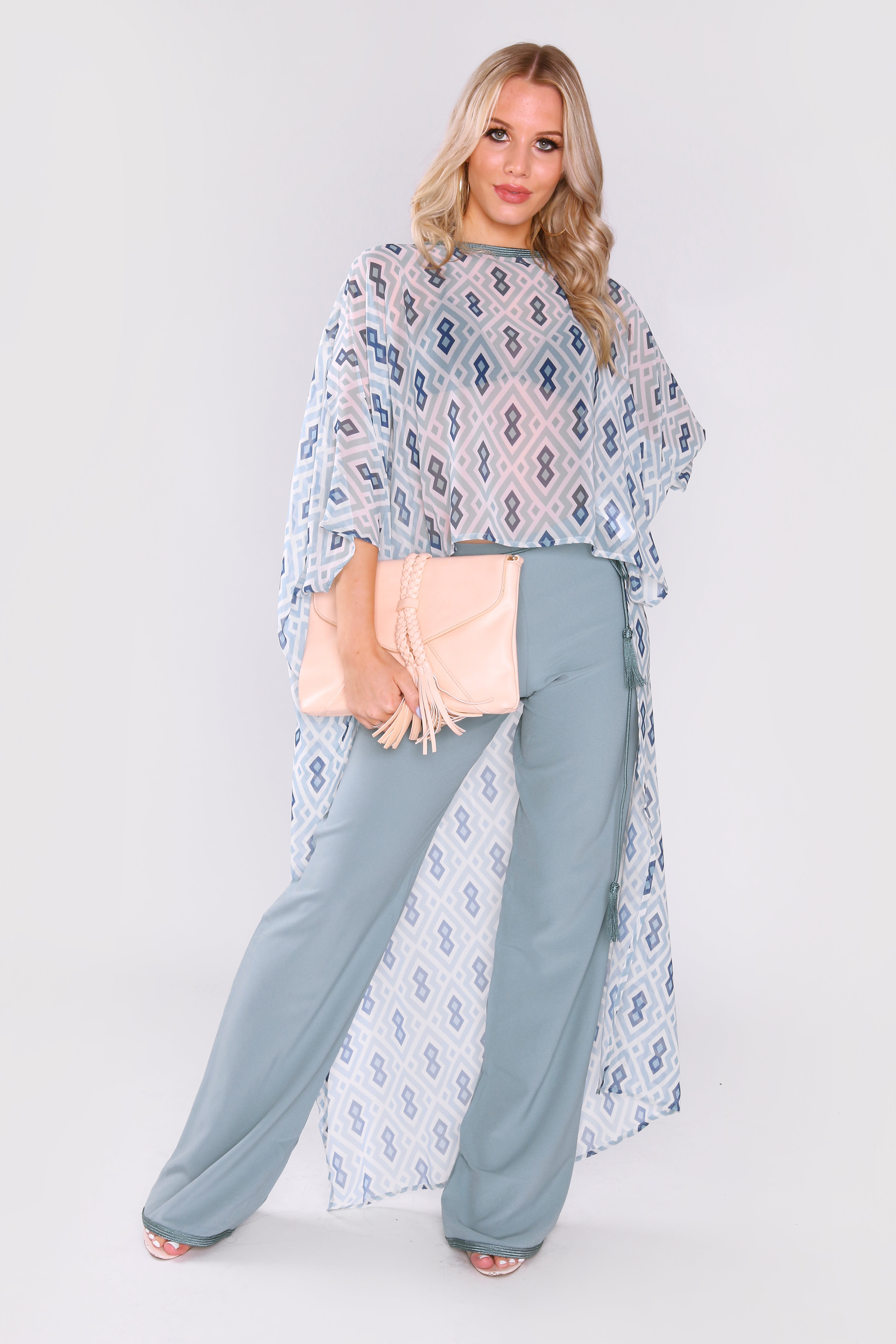 Jabador Eloise Co-Ord High Low Hemline Cropped Sleeve Top and Trousers Set In Sky