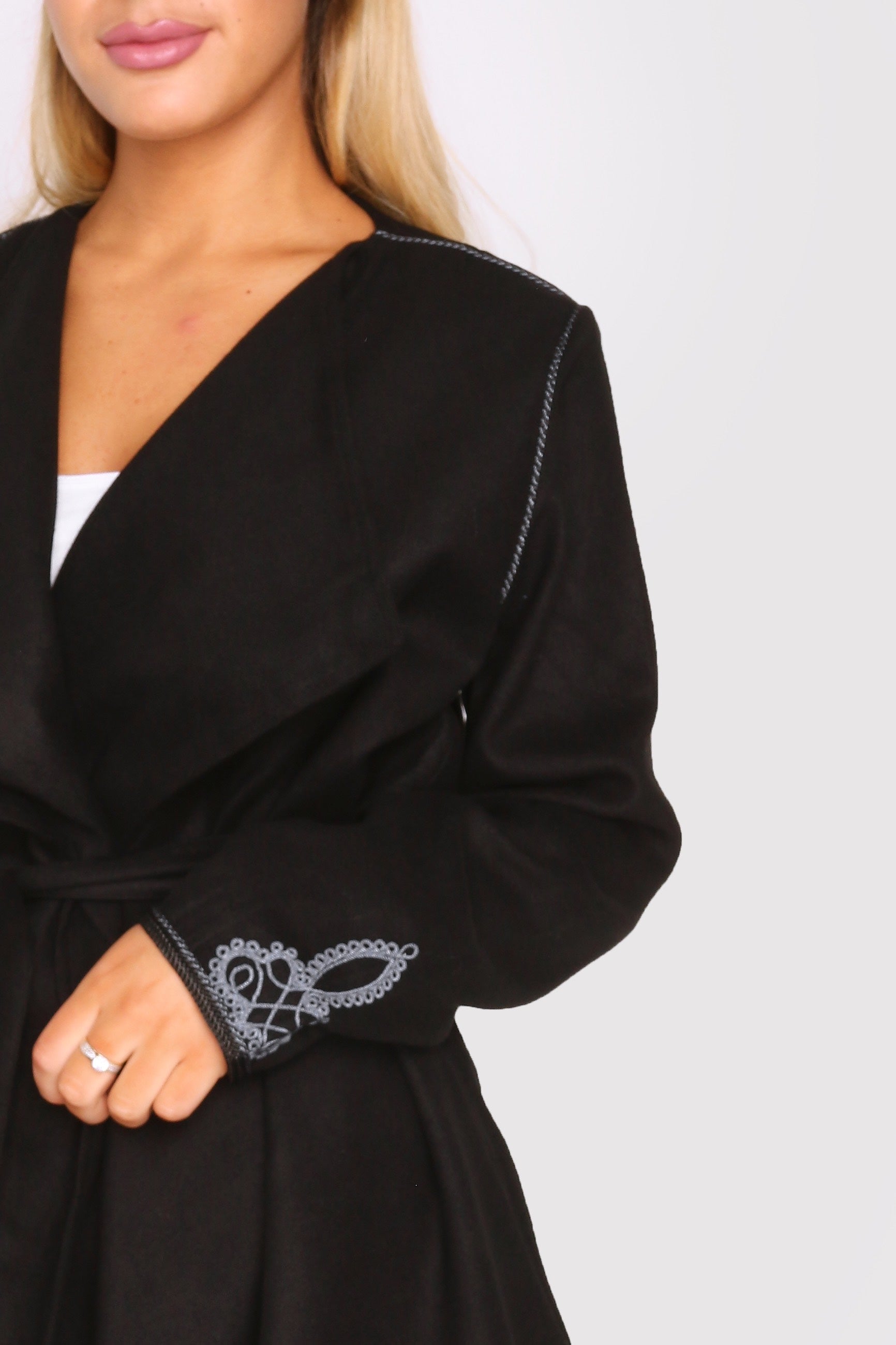 Gloria Waterfall Collar Embroidered Wrap Waist Belted Jacket in Black
