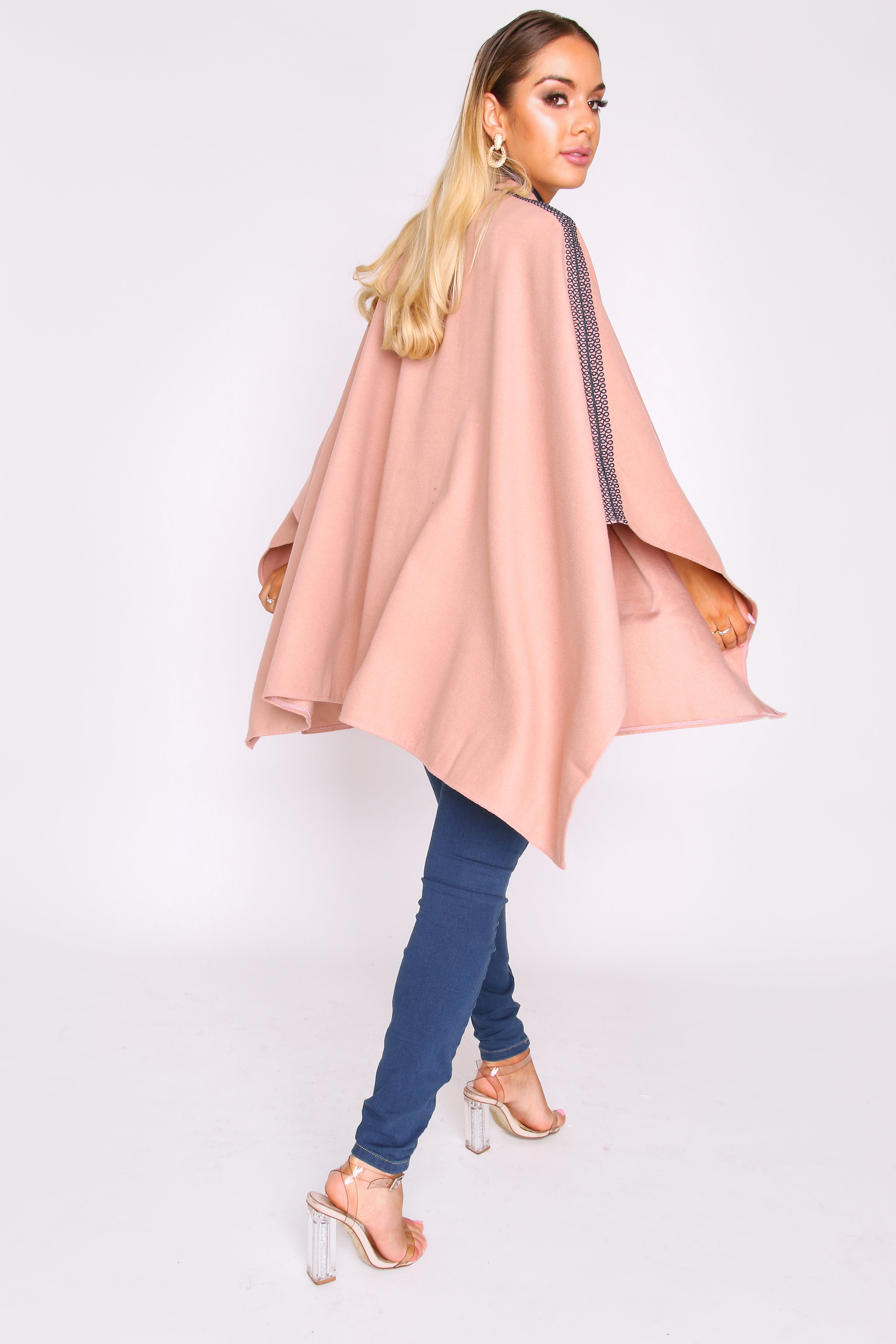 Noha Longline Cape Jacket with Contrast Trim in Nude